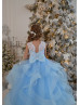 Beaded Sky Blue Lace Tulle Ruffled Flower Girl Dress